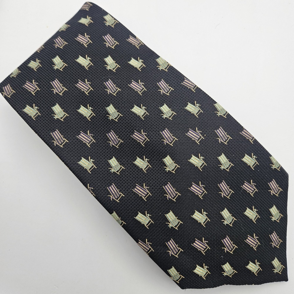 Tommy Bahama Off Island Necktie Mens TieBlack Silk Deck Chair Beach‎ Pattern